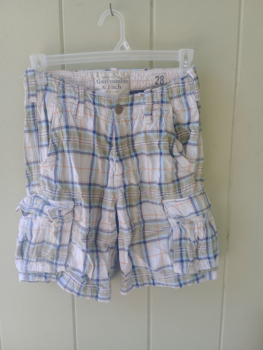 Abercrombie & Fitch White Plaid Cargo Shorts with Blue and Green Accents